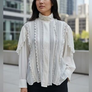 BOSCH VICTORIAN BLOUSE ROMANTIC LACEY EYELET WHITE HIGH NECK BUTTON UP SIZE XL